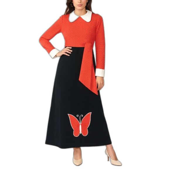 Vintage 60s-70s Red Black White Butterfly Collared LS Belted Maxi Dress Size S - Picture 1 of 13